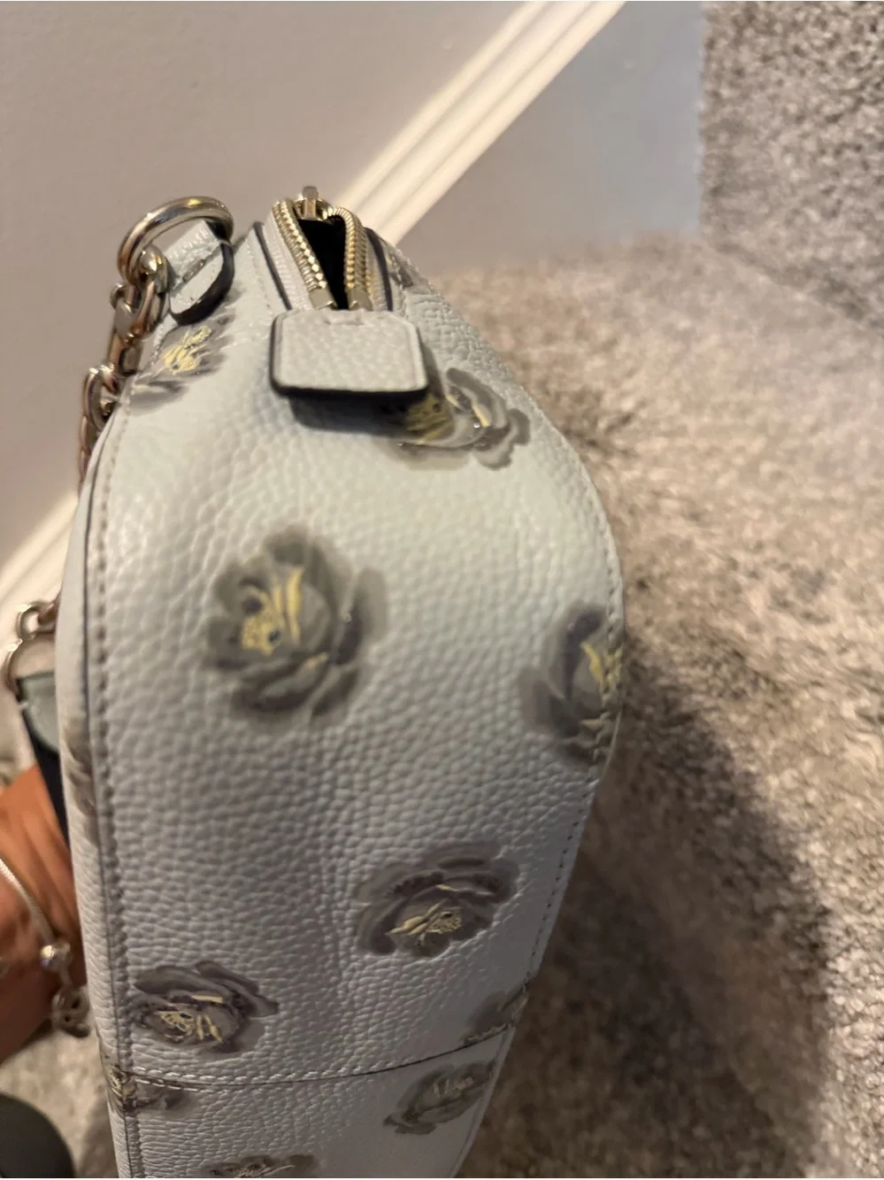 Coach Camera Bag with Rose Print, crafted from polished pebble leather.
